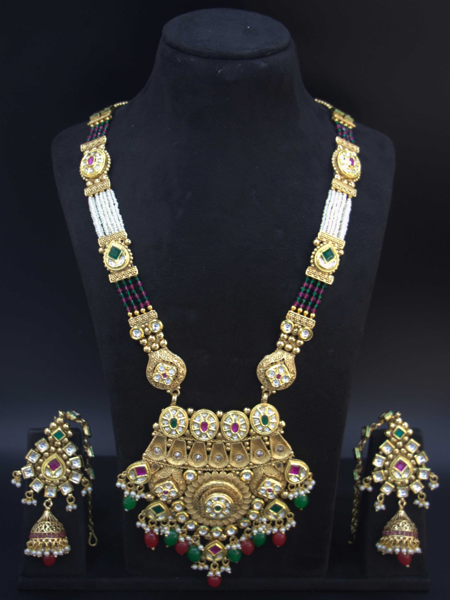 Traditional Temple Necklace Set with Pearl, Ruby & Emerald Accents