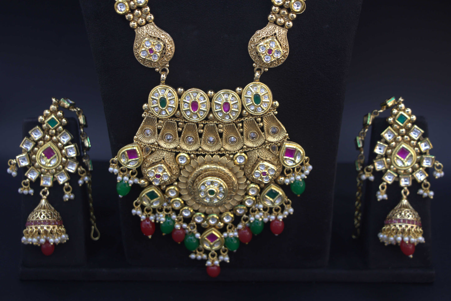 Traditional Temple Necklace Set with Pearl, Ruby & Emerald Accents