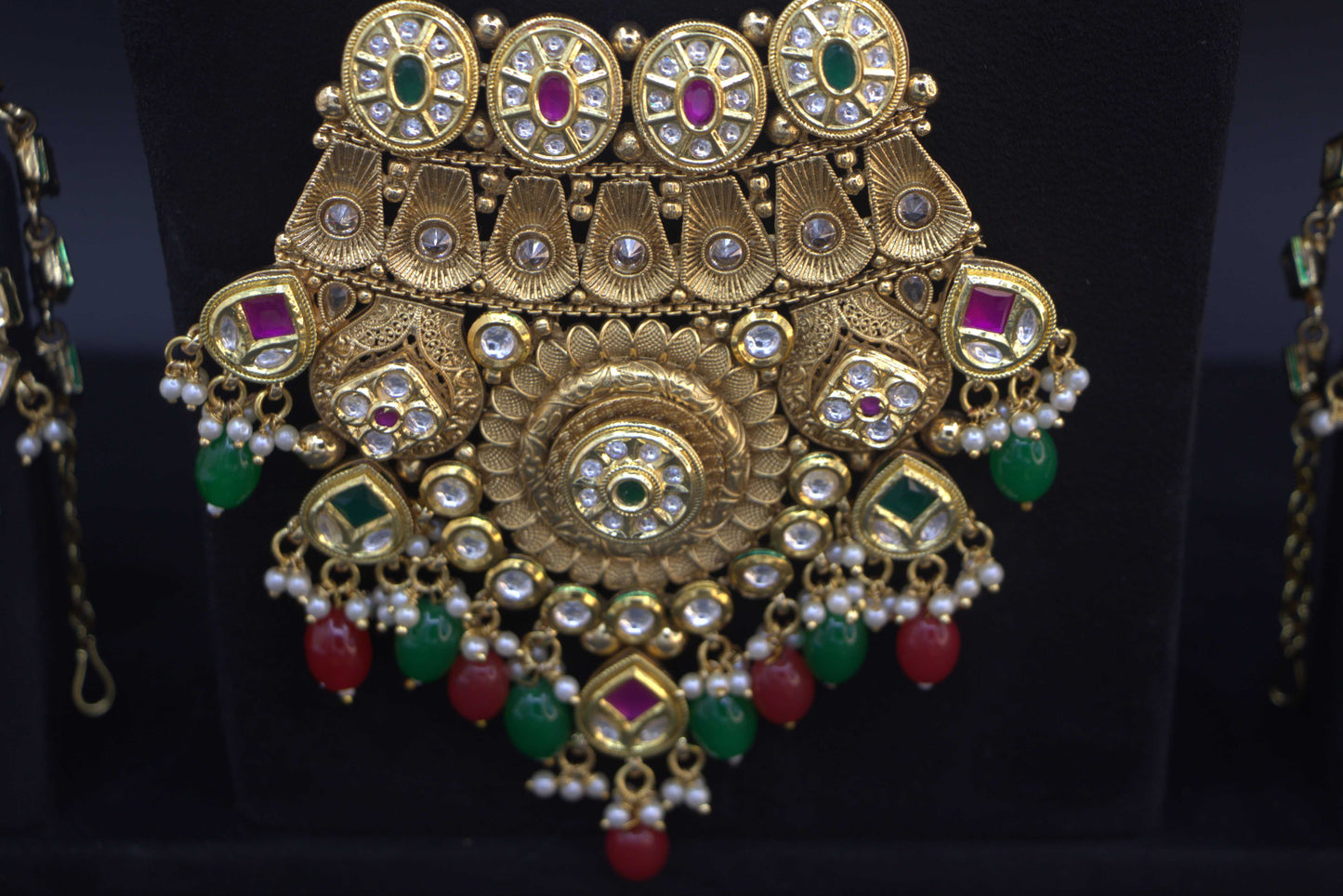 Traditional Temple Necklace Set with Pearl, Ruby & Emerald Accents