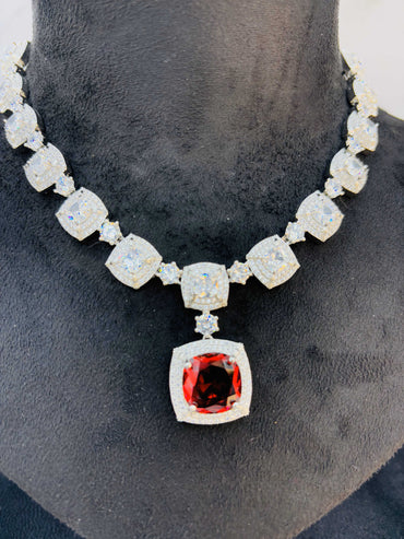 Crimson Spark – Ruby Red Cushion-Cut Diamond Necklace Set