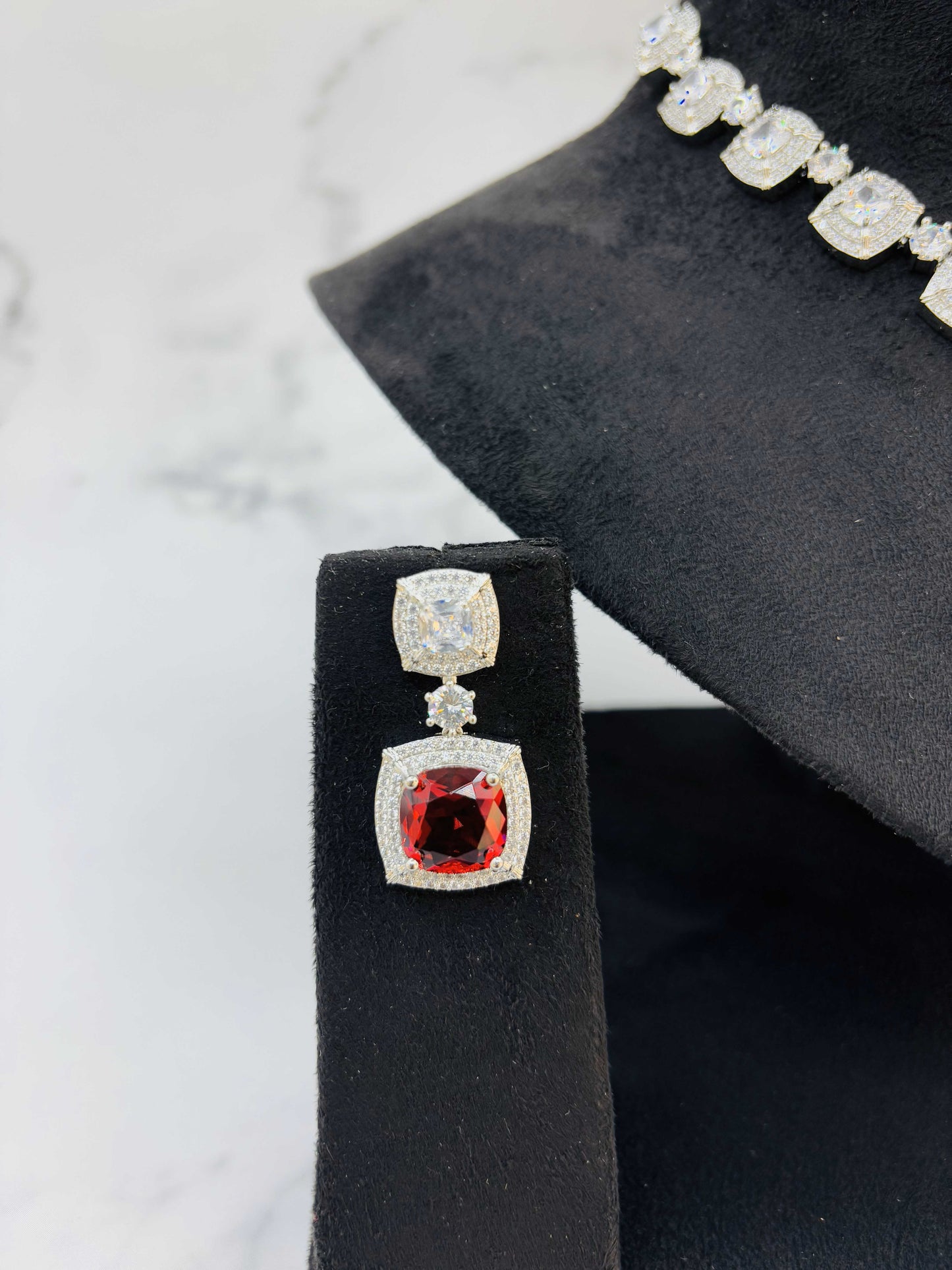 Crimson Spark – Ruby Red Cushion-Cut Diamond Necklace Set