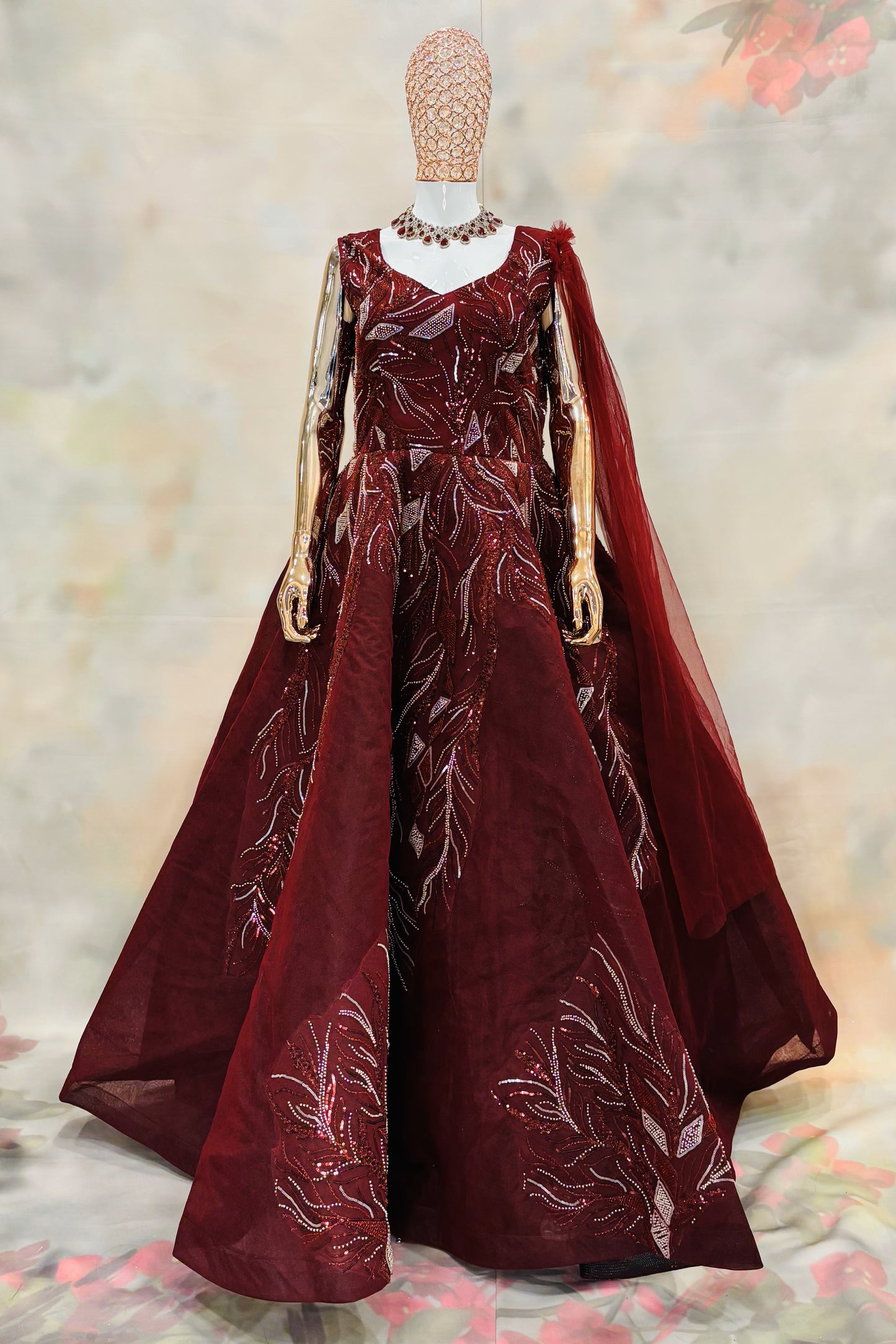 Deep Maroon Sequin-Embroidered Gown with Dramatic Flair