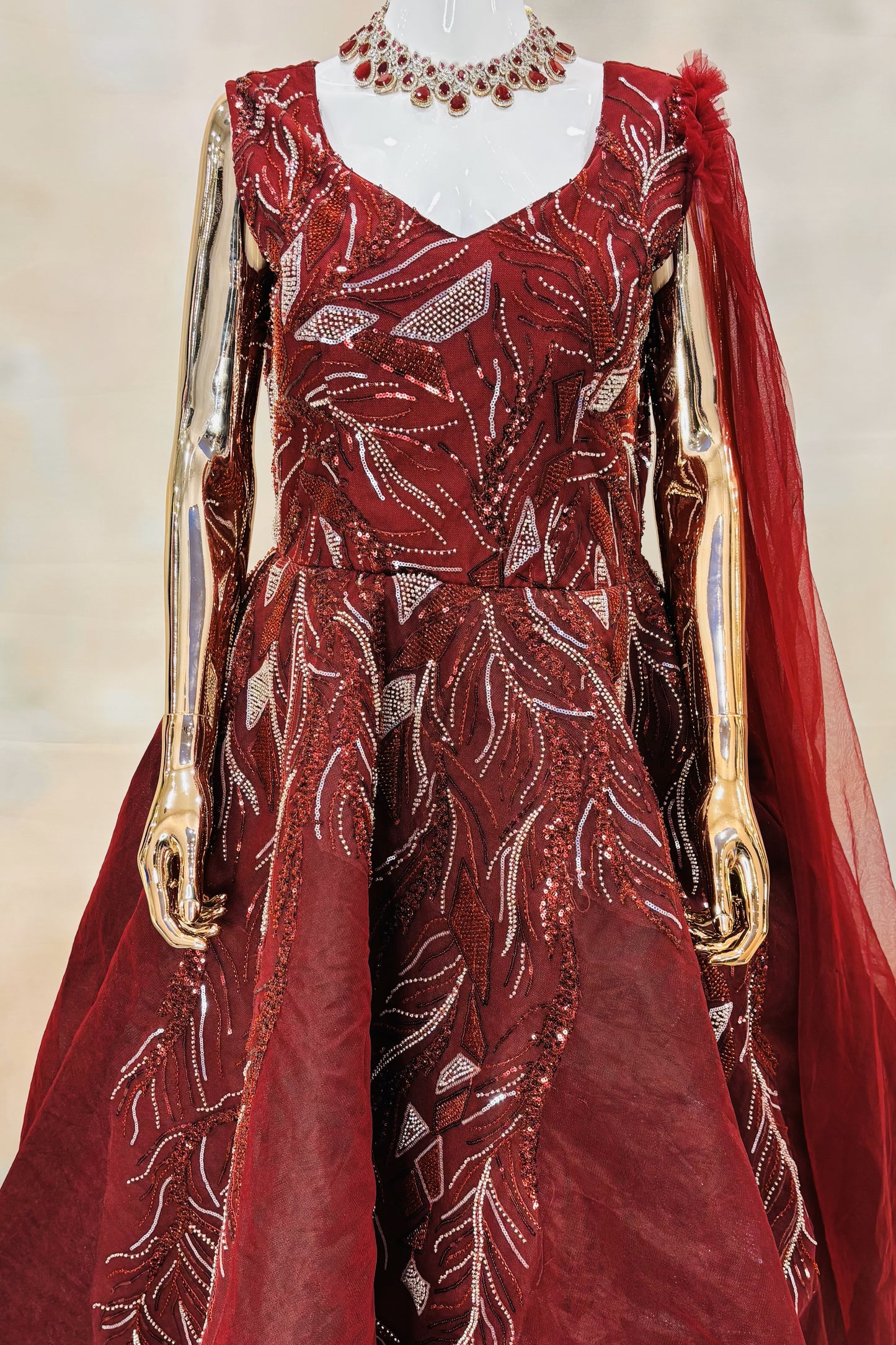 Deep Maroon Sequin-Embroidered Gown with Dramatic Flair