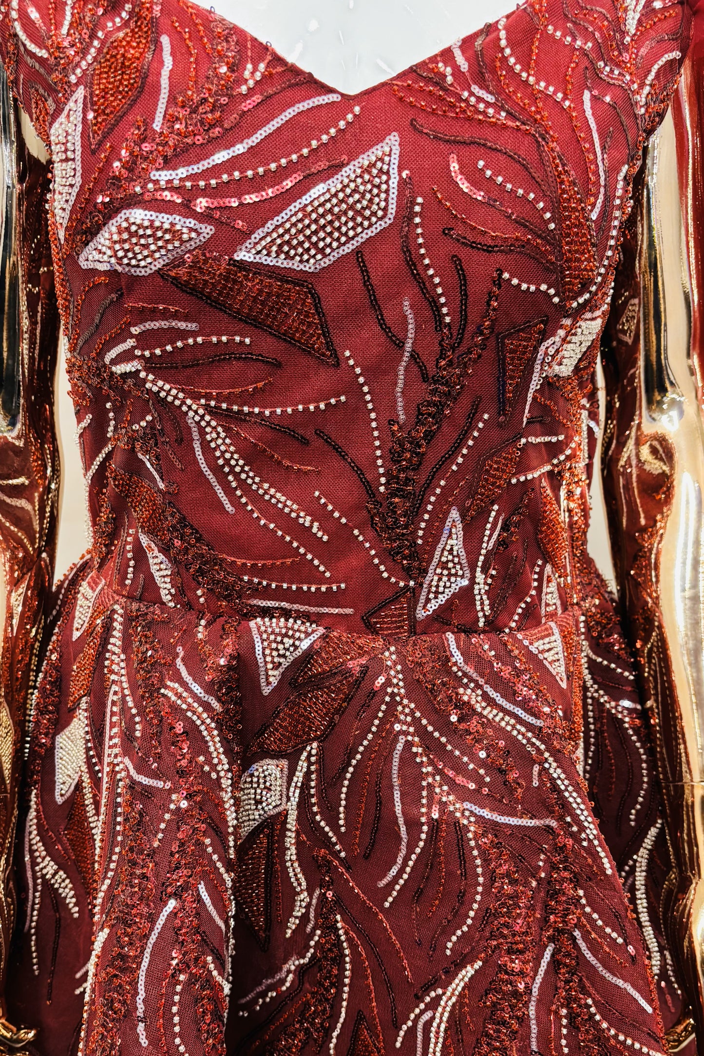Deep Maroon Sequin-Embroidered Gown with Dramatic Flair