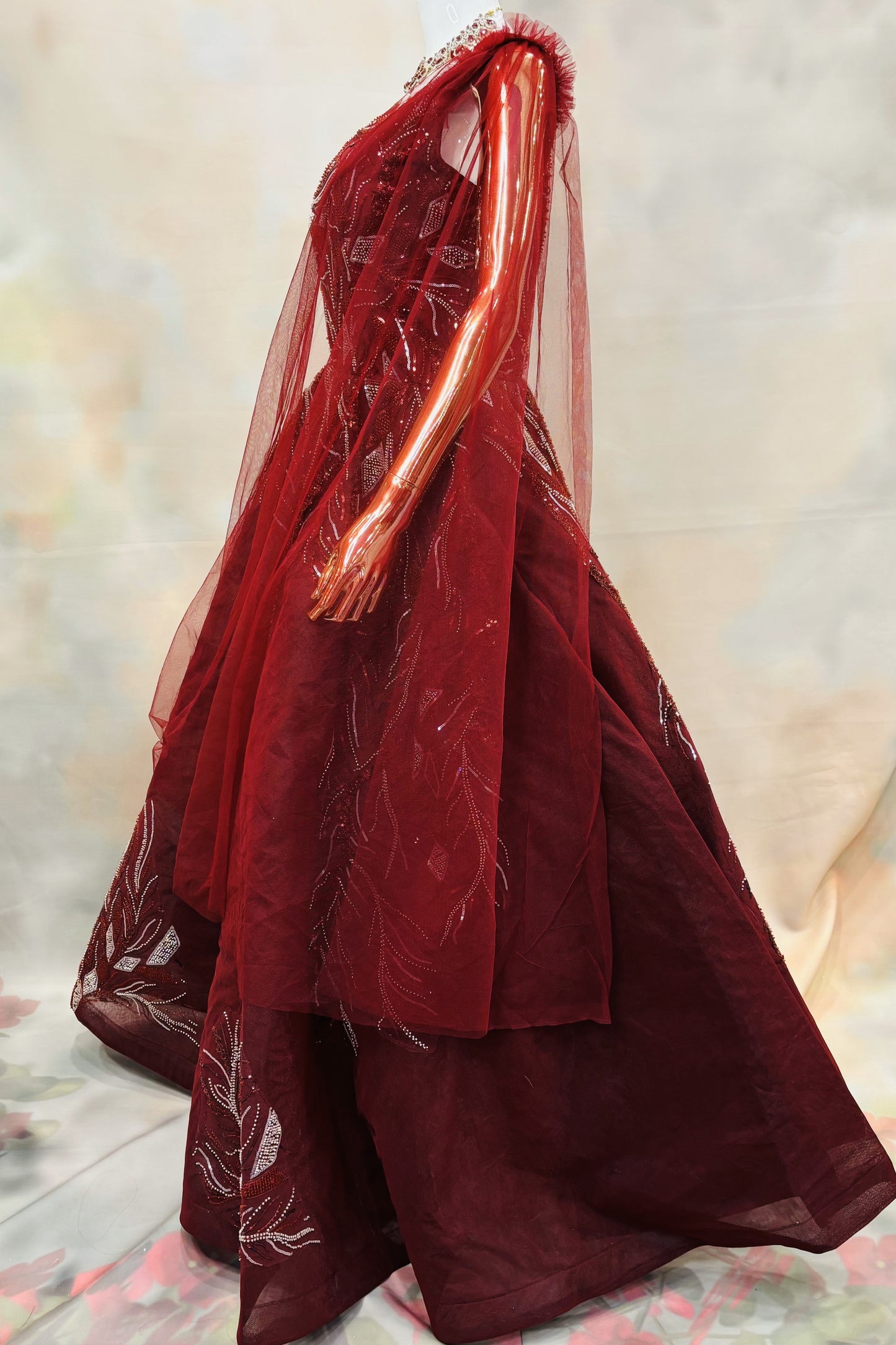 Deep Maroon Sequin-Embroidered Gown with Dramatic Flair