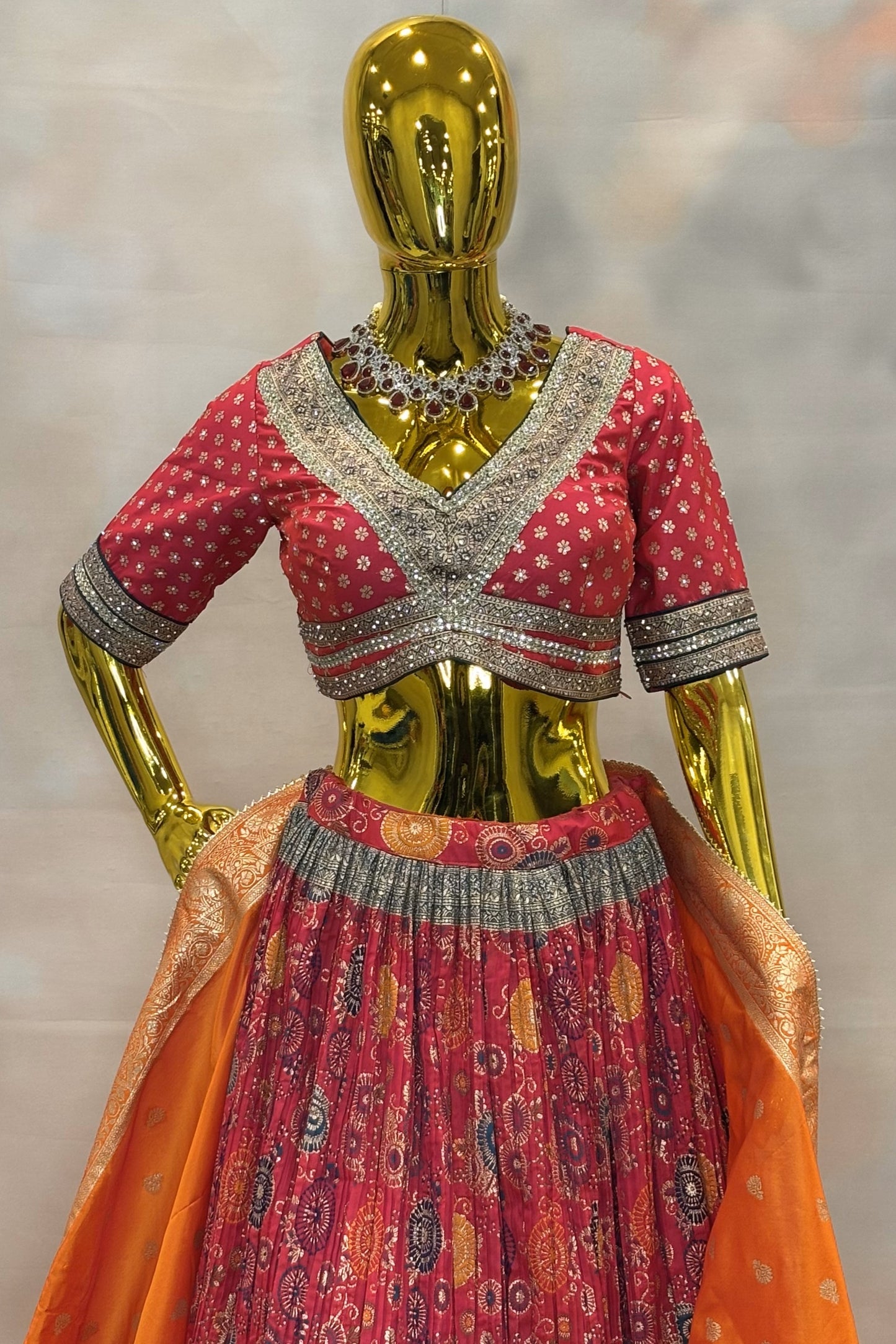 Vibrant Vermilion – Red Bandhej Lehenga Set