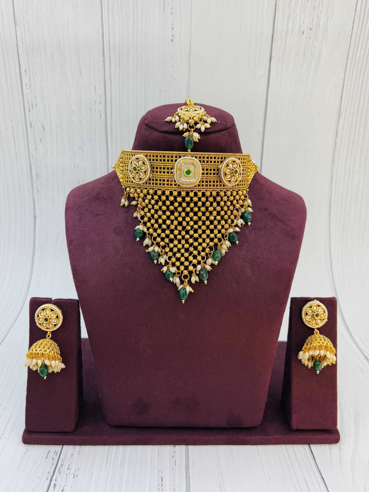 Regal Kundan Mesh Choker Set with Emerald Drops