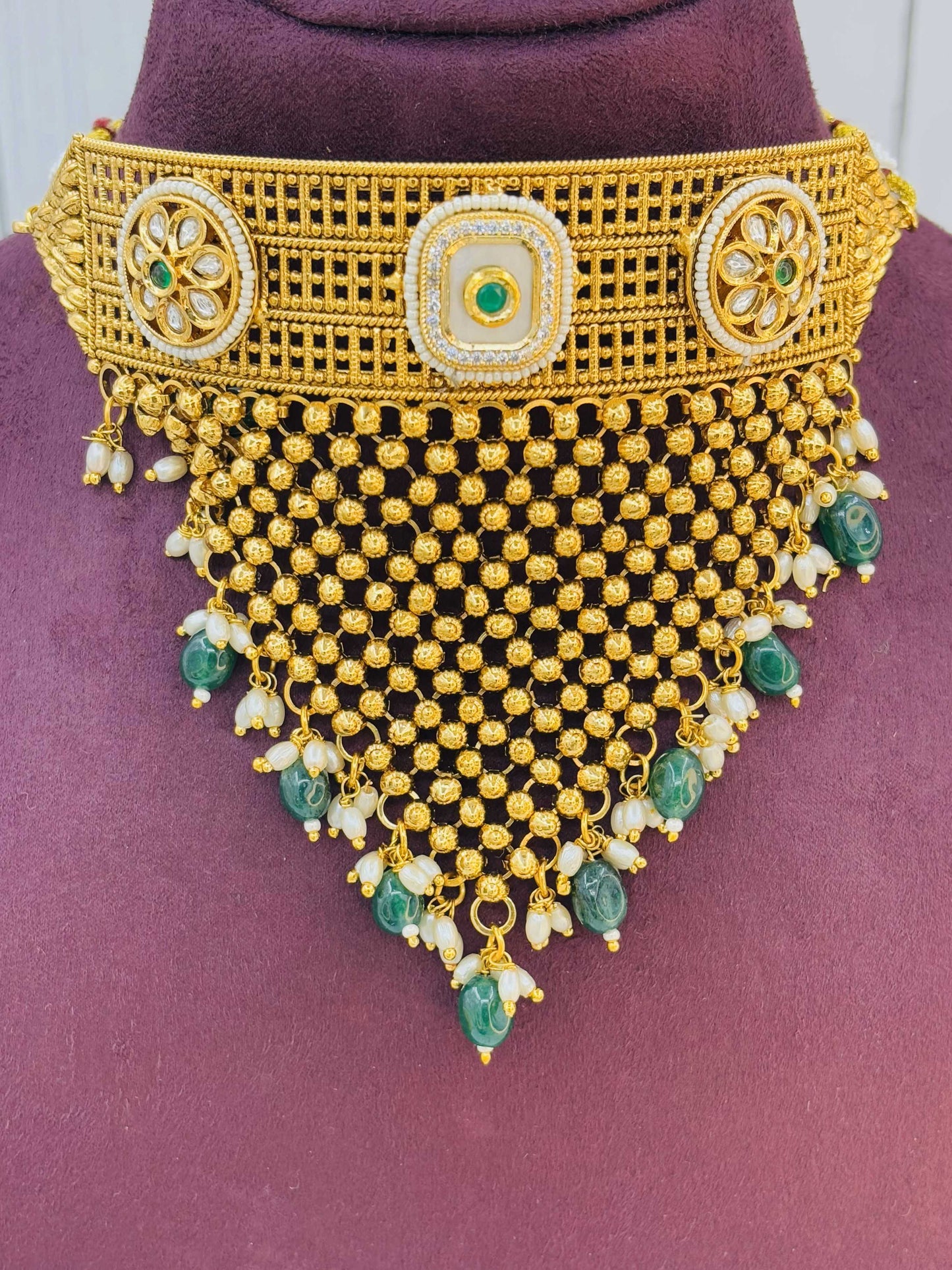 Regal Kundan Mesh Choker Set with Emerald Drops