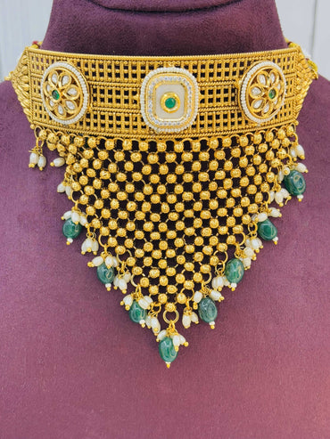 Regal Kundan Mesh Choker Set with Emerald Drops