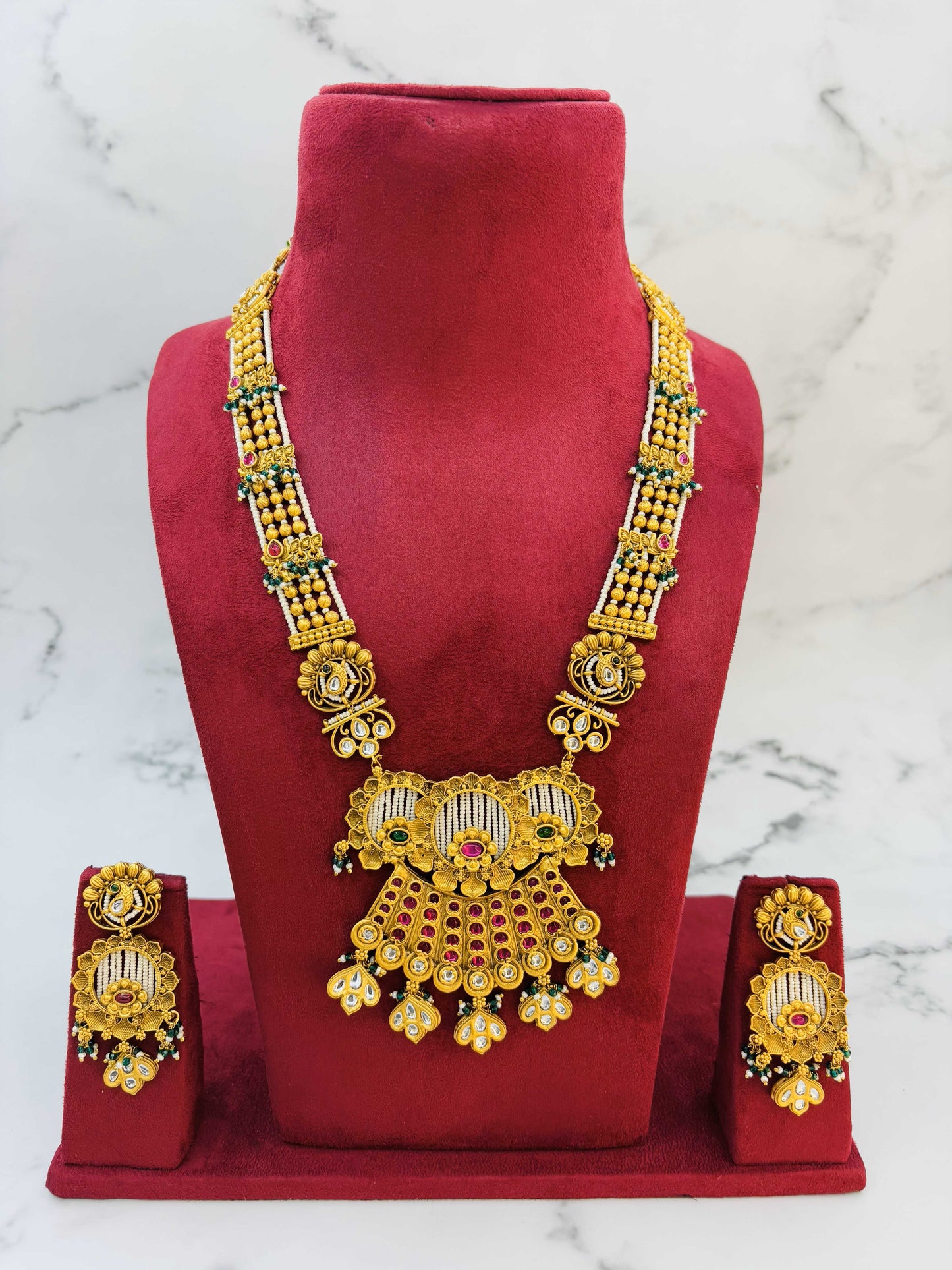 Heritage Glow – Antique Gold Temple Necklace Set with Pearls & Rubies