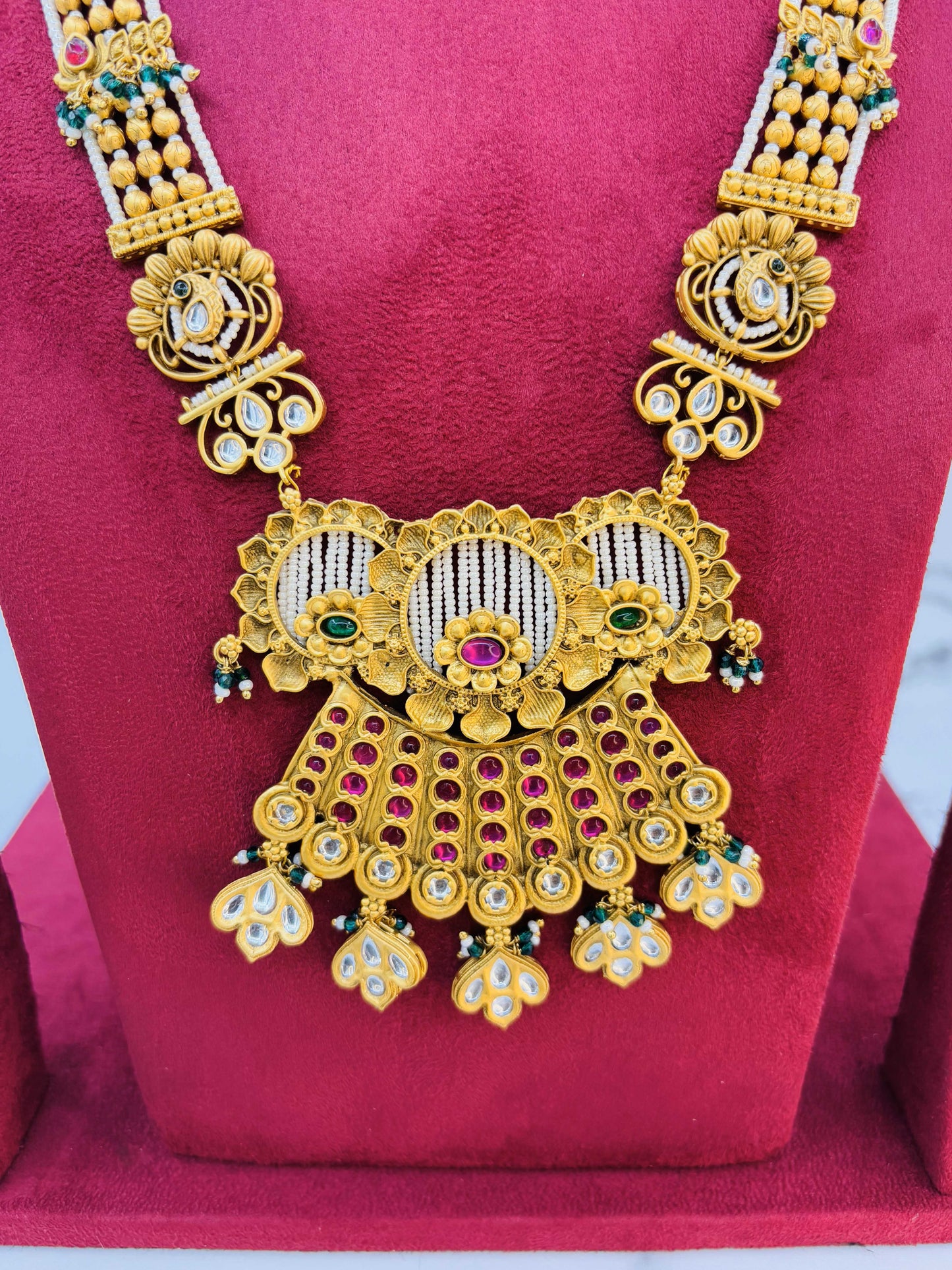 Heritage Glow – Antique Gold Temple Necklace Set with Pearls & Rubies