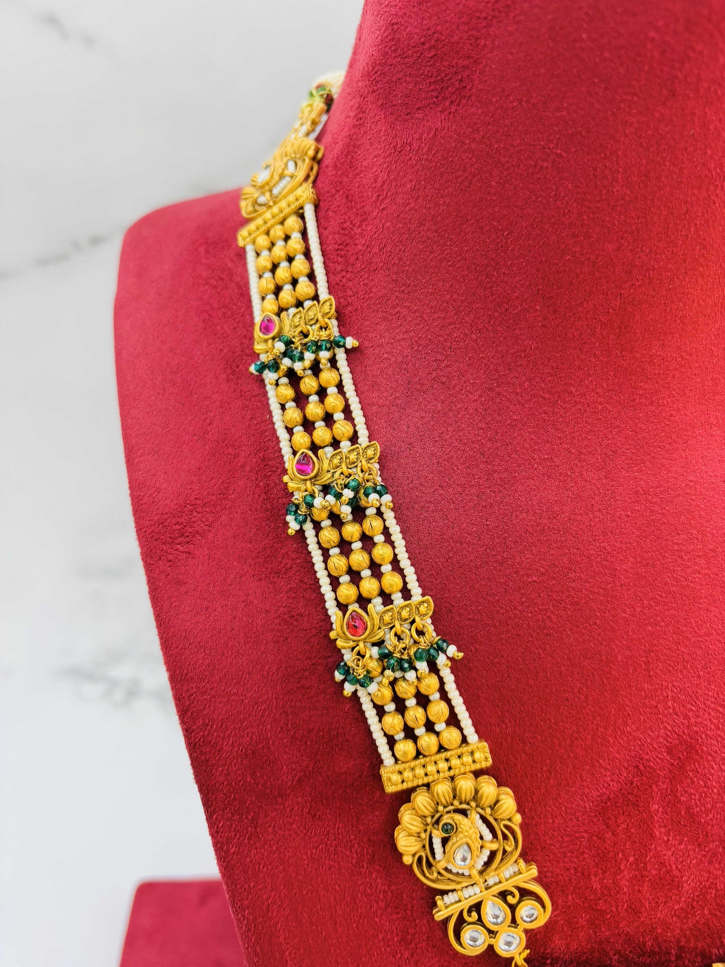 Heritage Glow – Antique Gold Temple Necklace Set with Pearls & Rubies