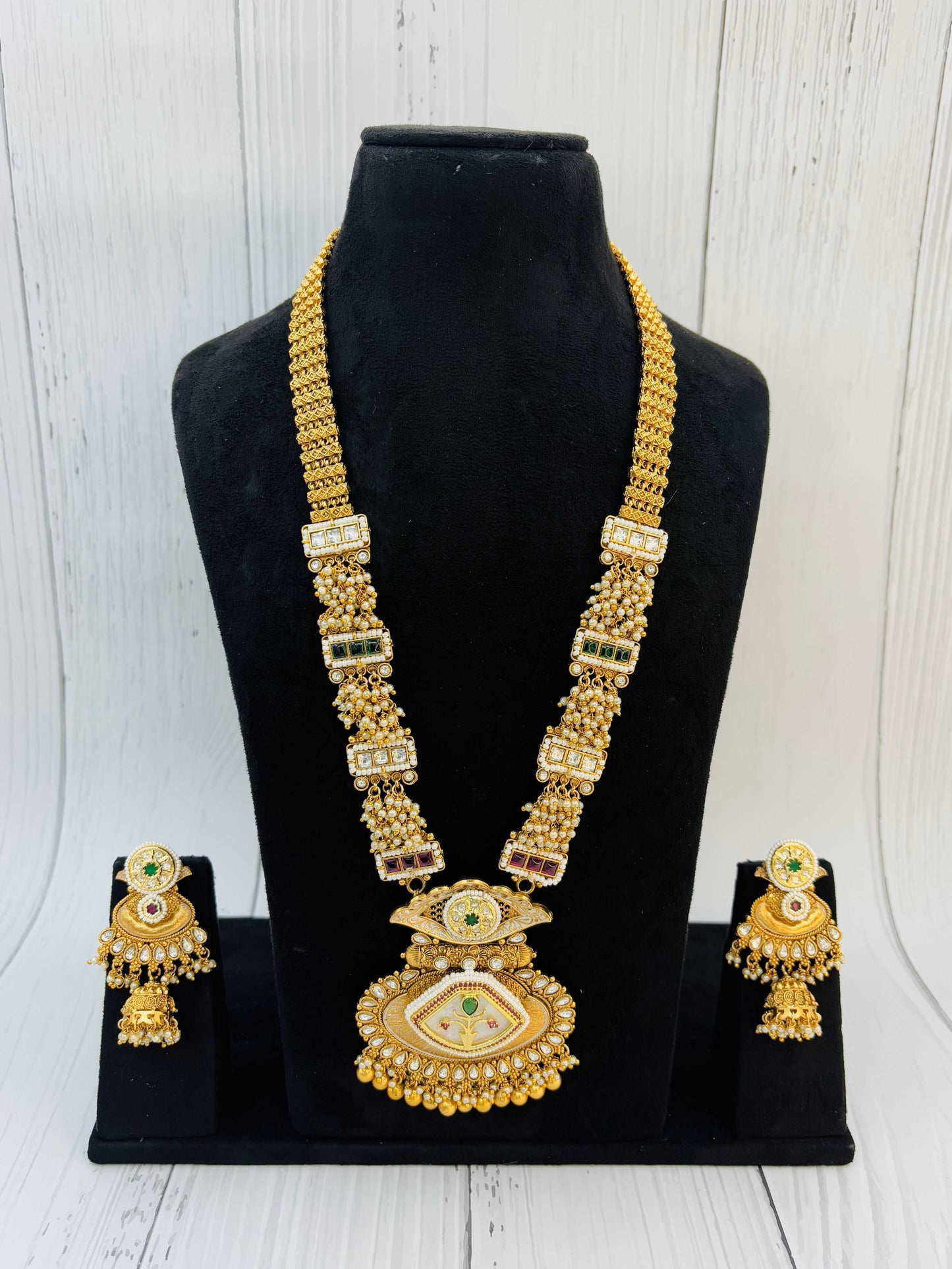 Temple-Inspired Gold Long Haram Set with Earrings