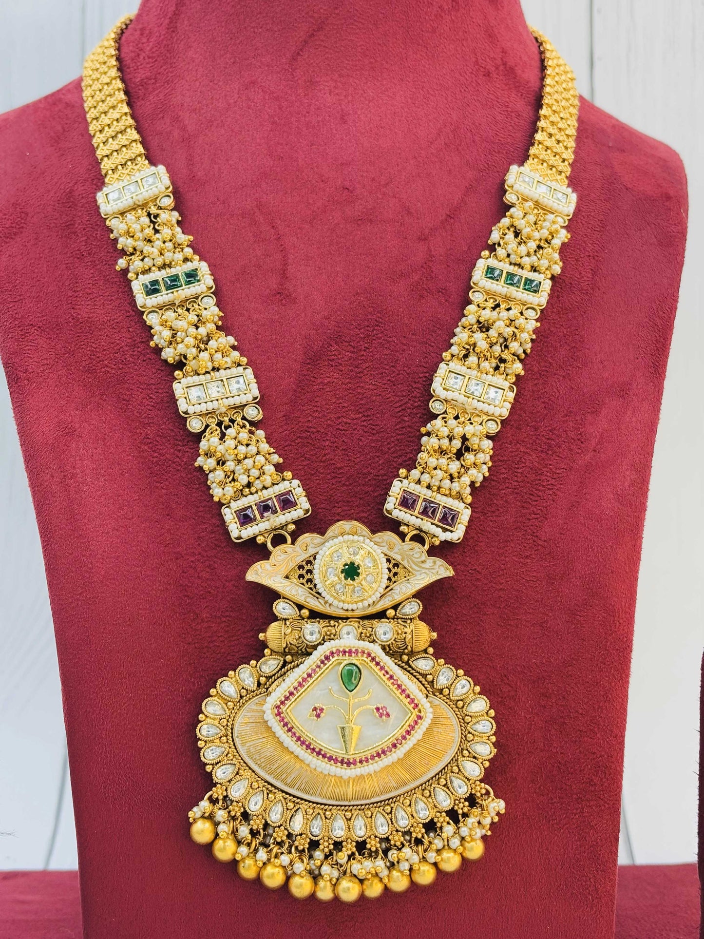Temple-Inspired Gold Long Haram Set with Earrings