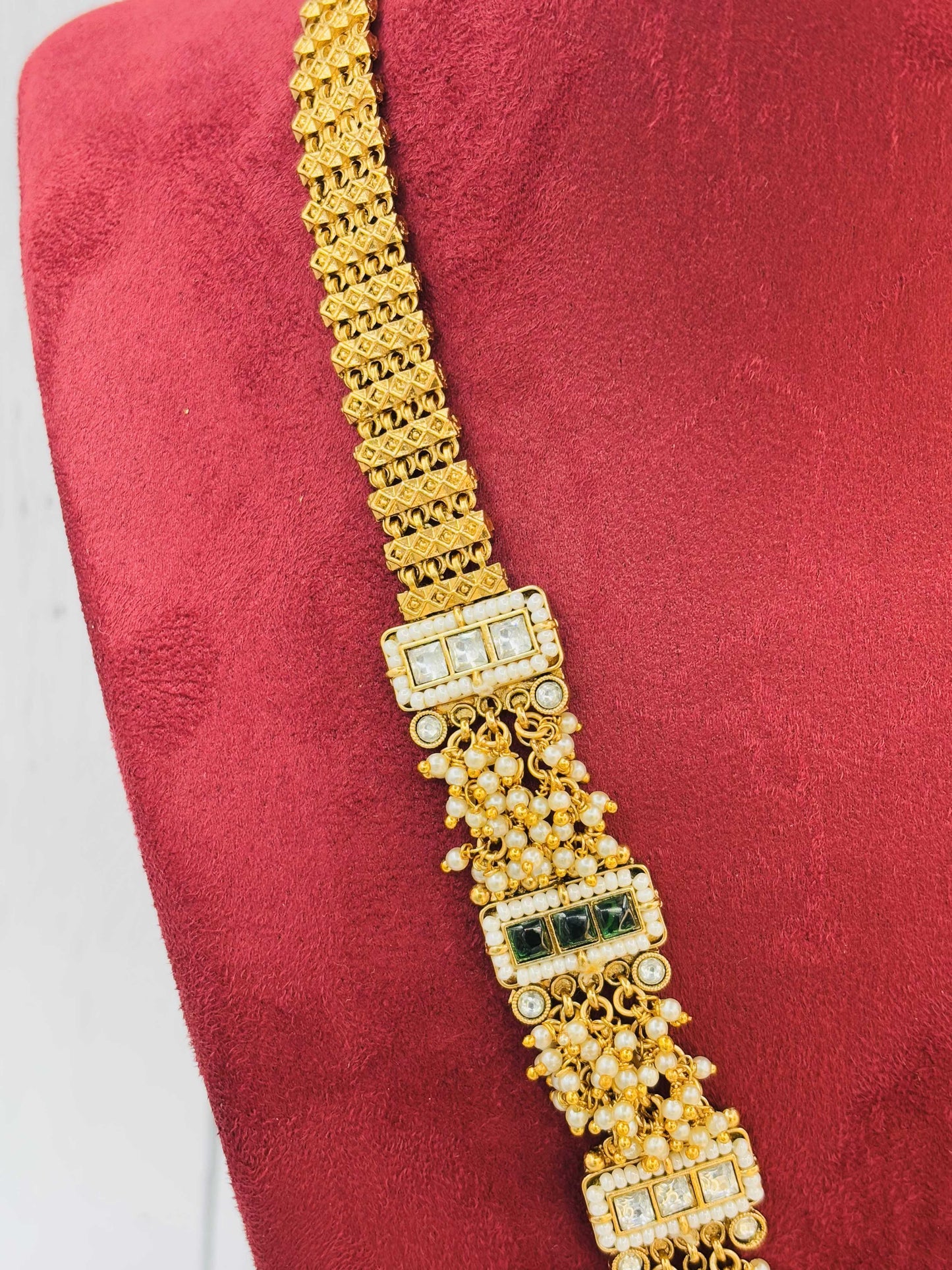 Temple-Inspired Gold Long Haram Set with Earrings