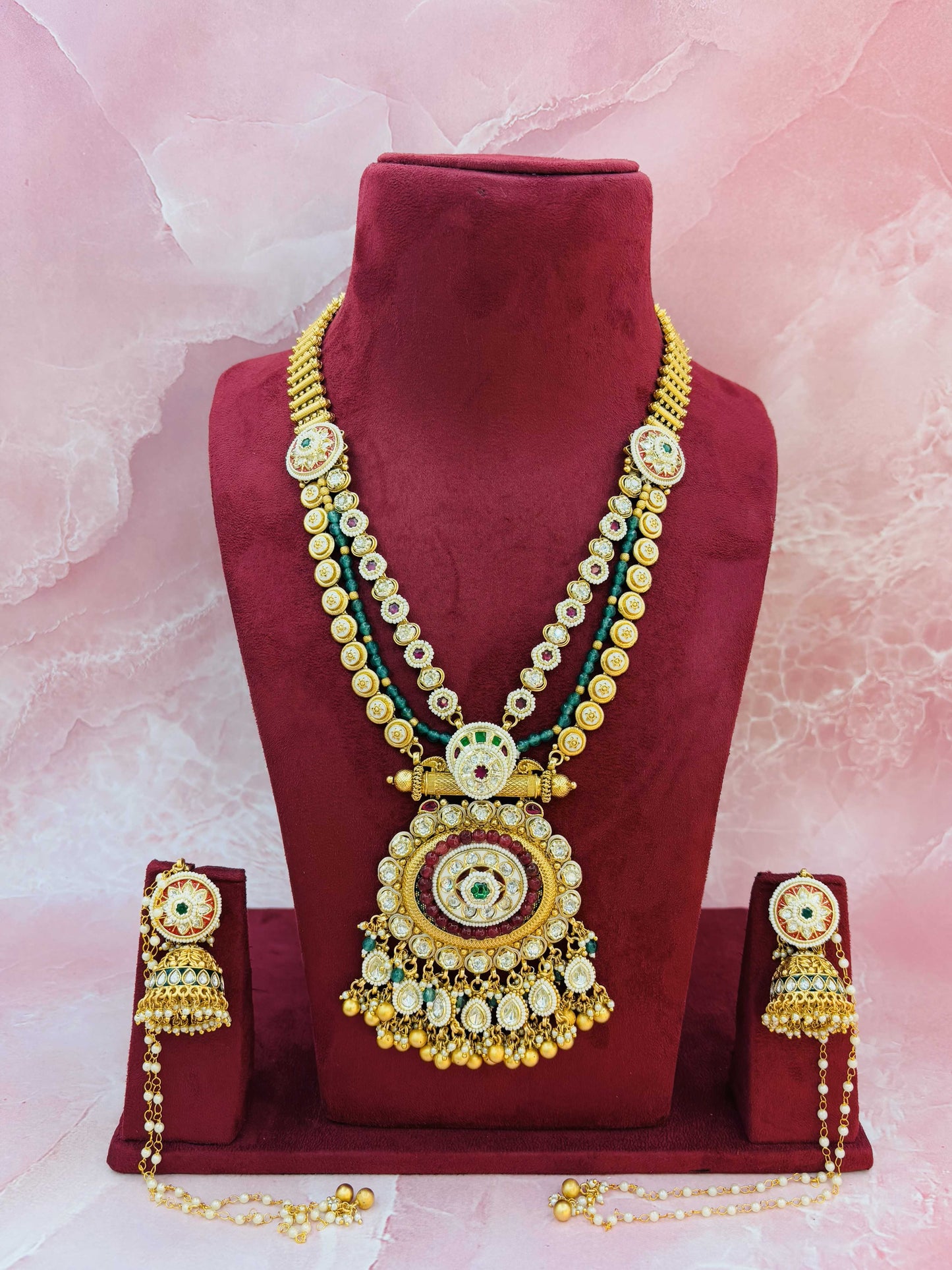 Grand Kundan Haram Set with Lakshmi Pendant & Jhumkis