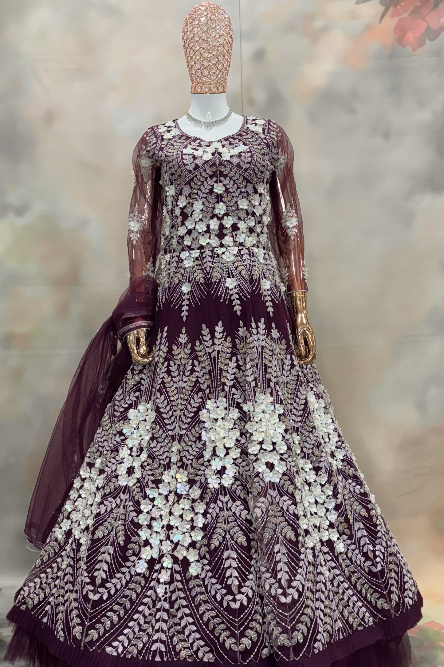 Midnight Bloom – Violet  Sequin Maroon 3D Floral Embroidered Gown with Net Dupatta