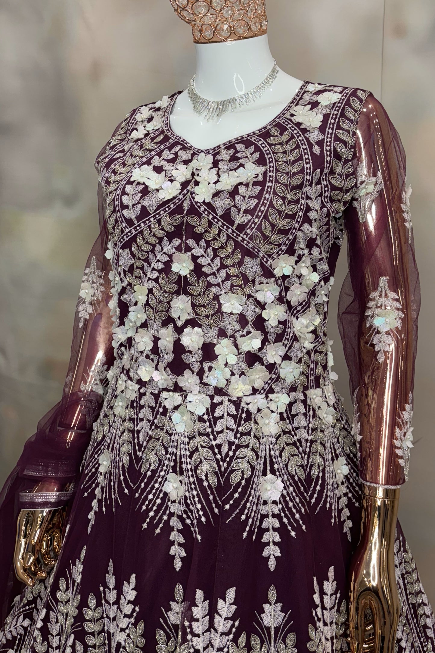 Midnight Bloom – Violet  Sequin Maroon 3D Floral Embroidered Gown with Net Dupatta
