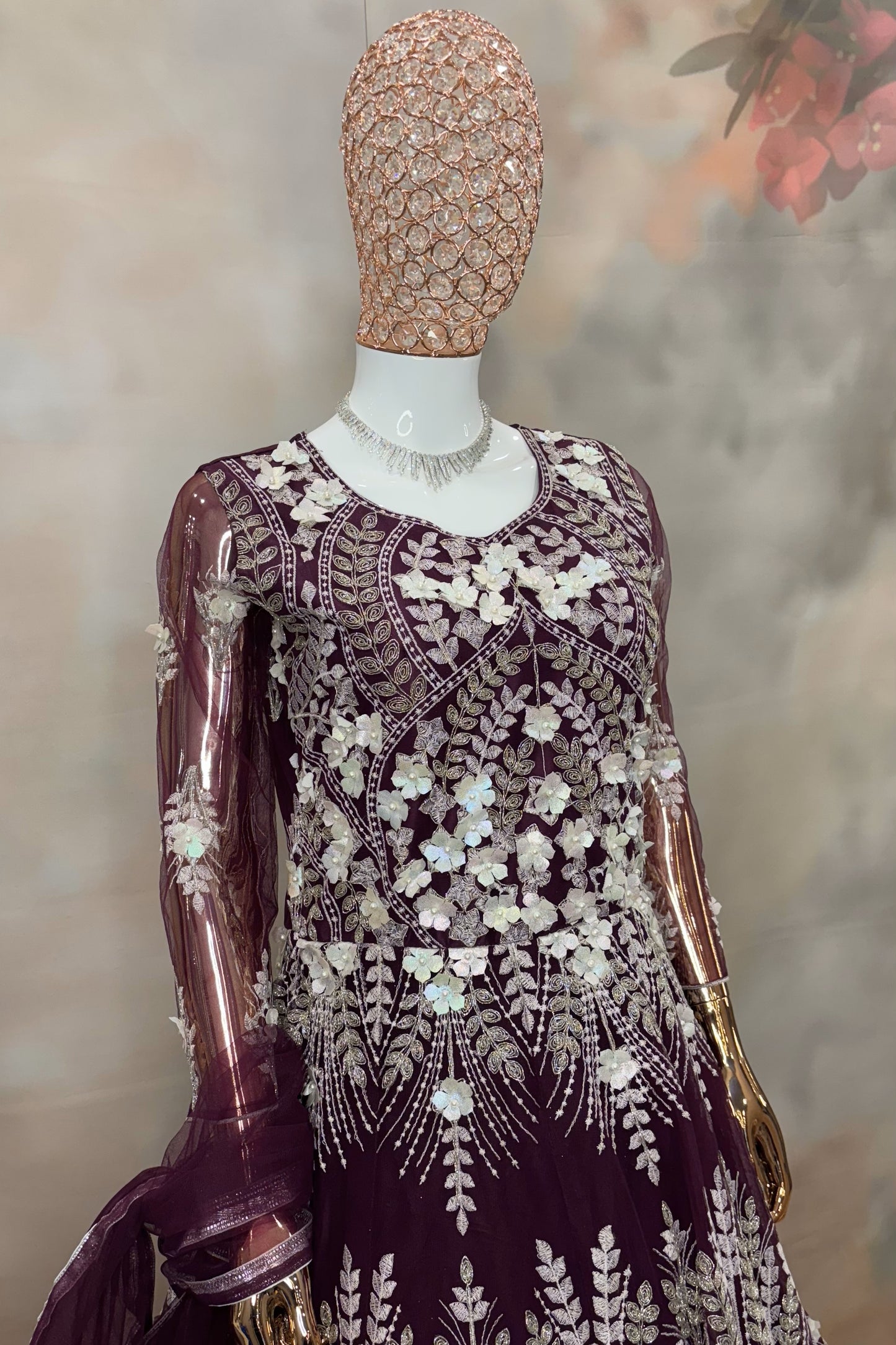 Midnight Bloom – Violet  Sequin Maroon 3D Floral Embroidered Gown with Net Dupatta