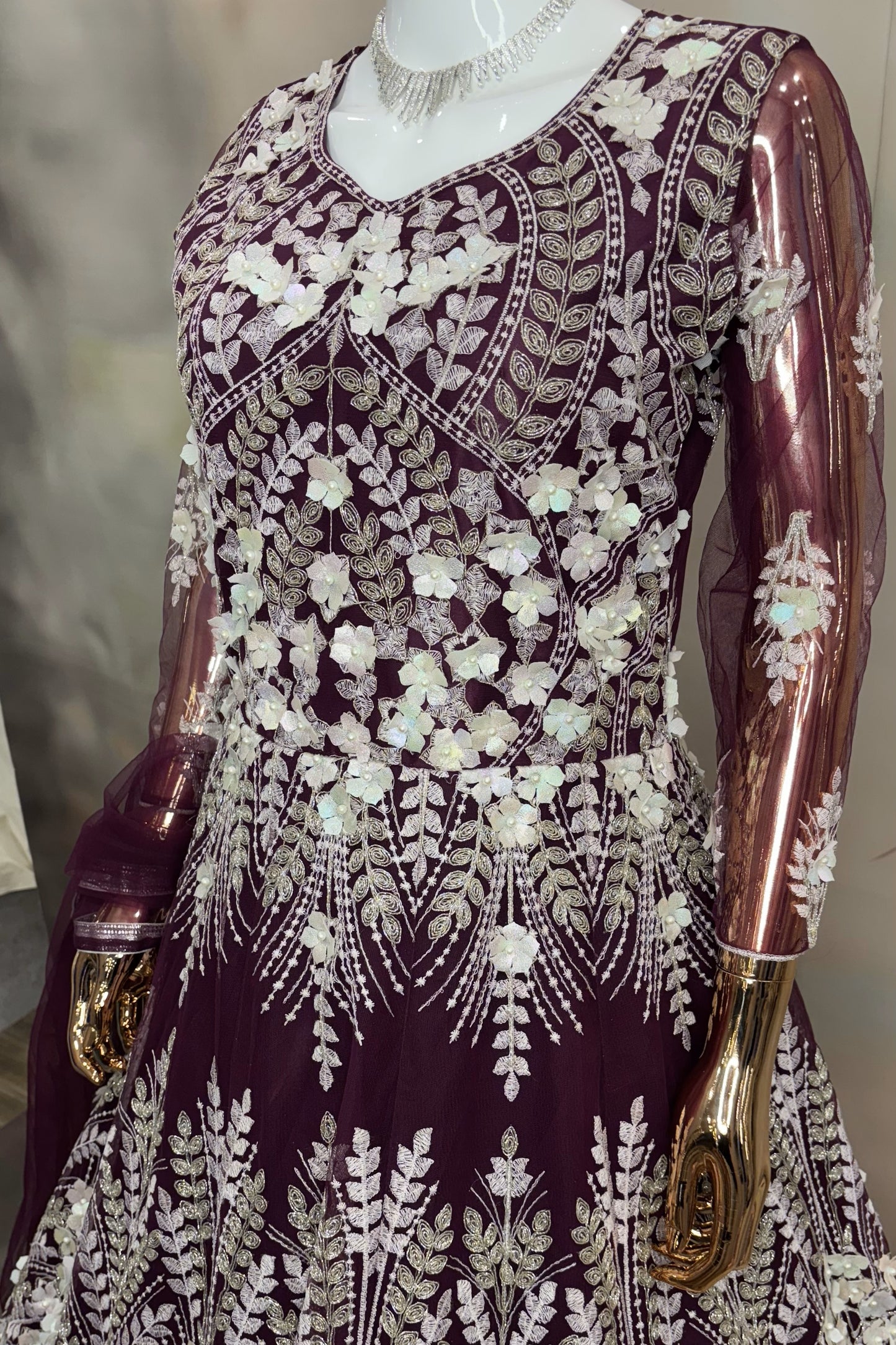 Midnight Bloom – Violet  Sequin Maroon 3D Floral Embroidered Gown with Net Dupatta