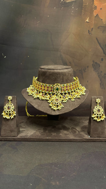 Heritage Gold Temple Choker Set with Ruby & Emerald Detailing