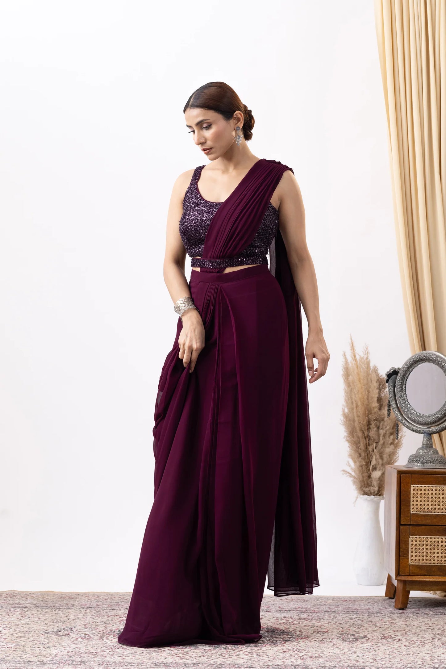 Wine Pre-Draped Saree