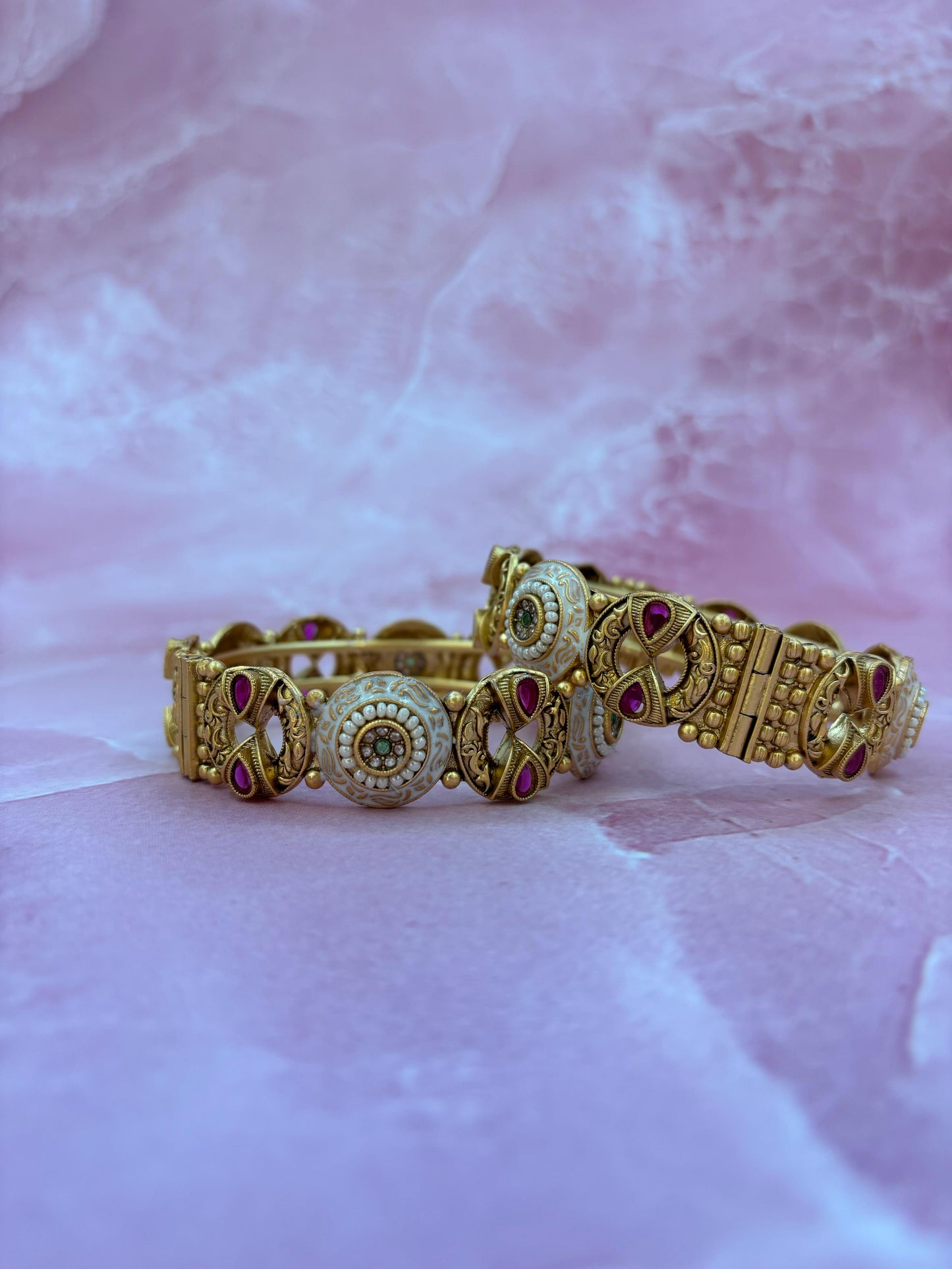 Antique Kundan Temple Bangles with Ruby Accents