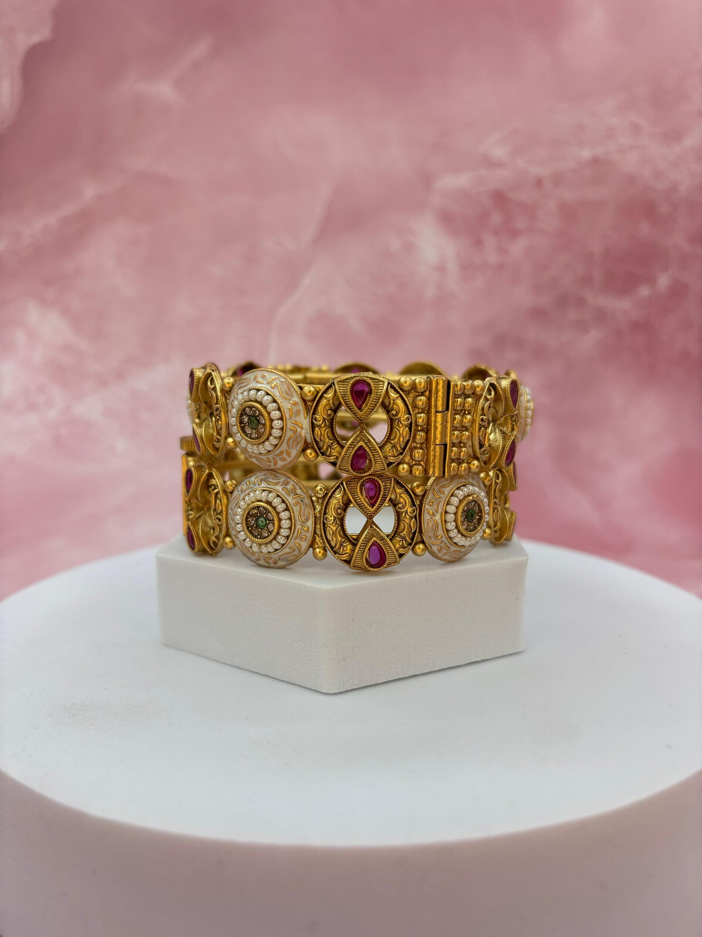 Antique Kundan Temple Bangles with Ruby Accents