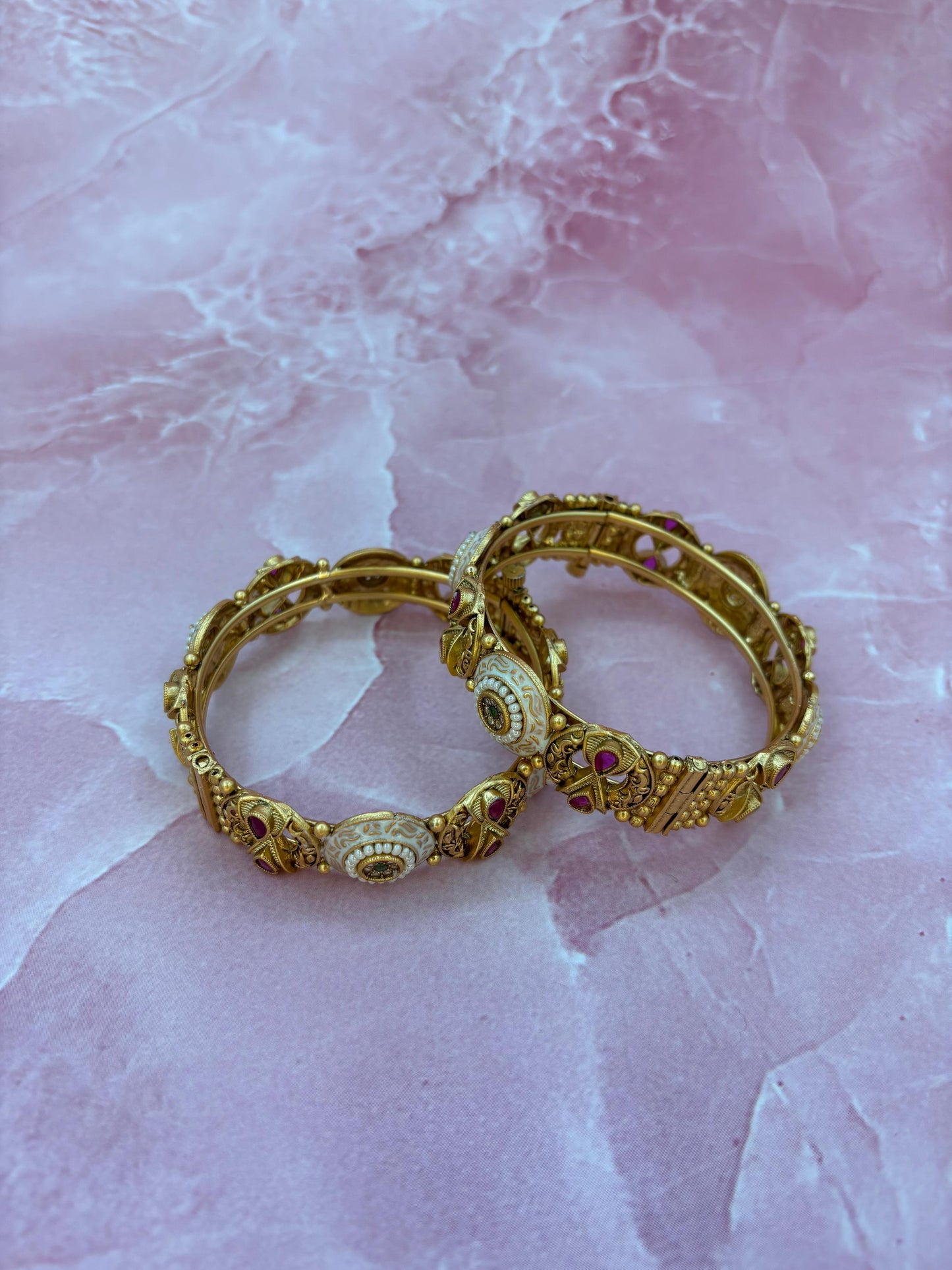 Antique Kundan Temple Bangles with Ruby Accents