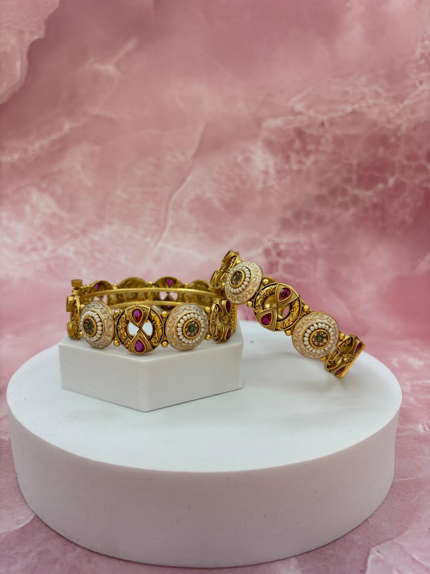 Antique Kundan Temple Bangles with Ruby Accents