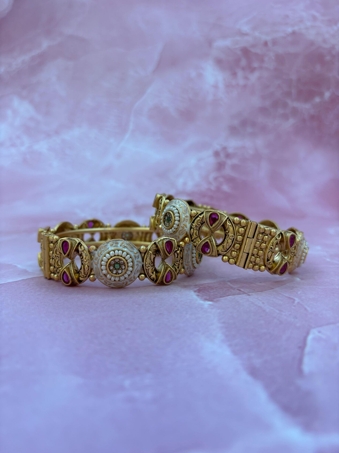 Antique Kundan Temple Bangles with Ruby Accents