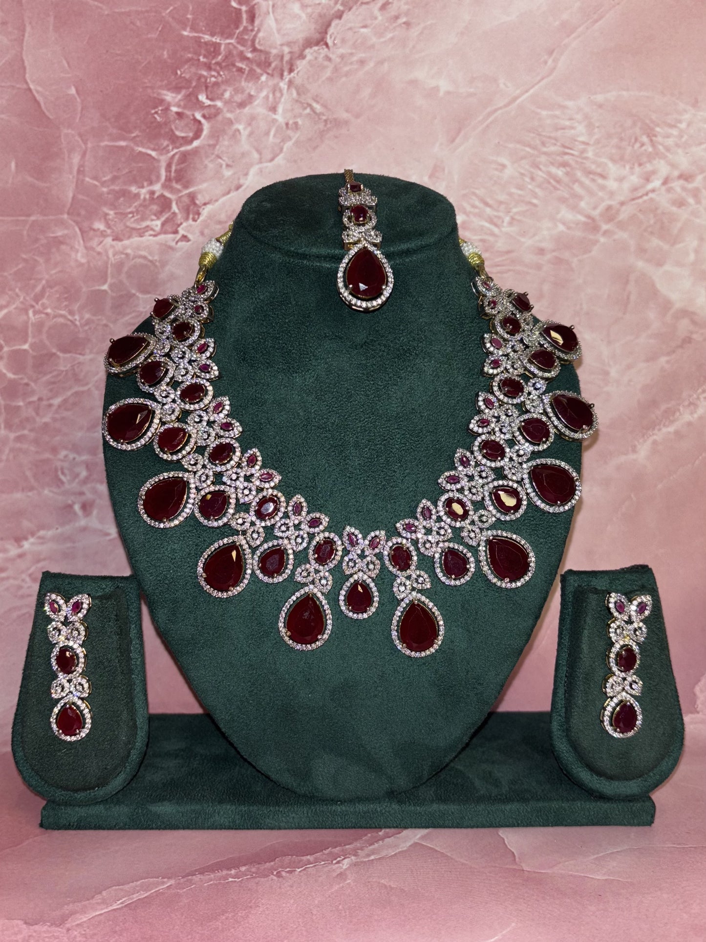 Crimson Cascade – Ruby Teardrop Bridal Necklace Set