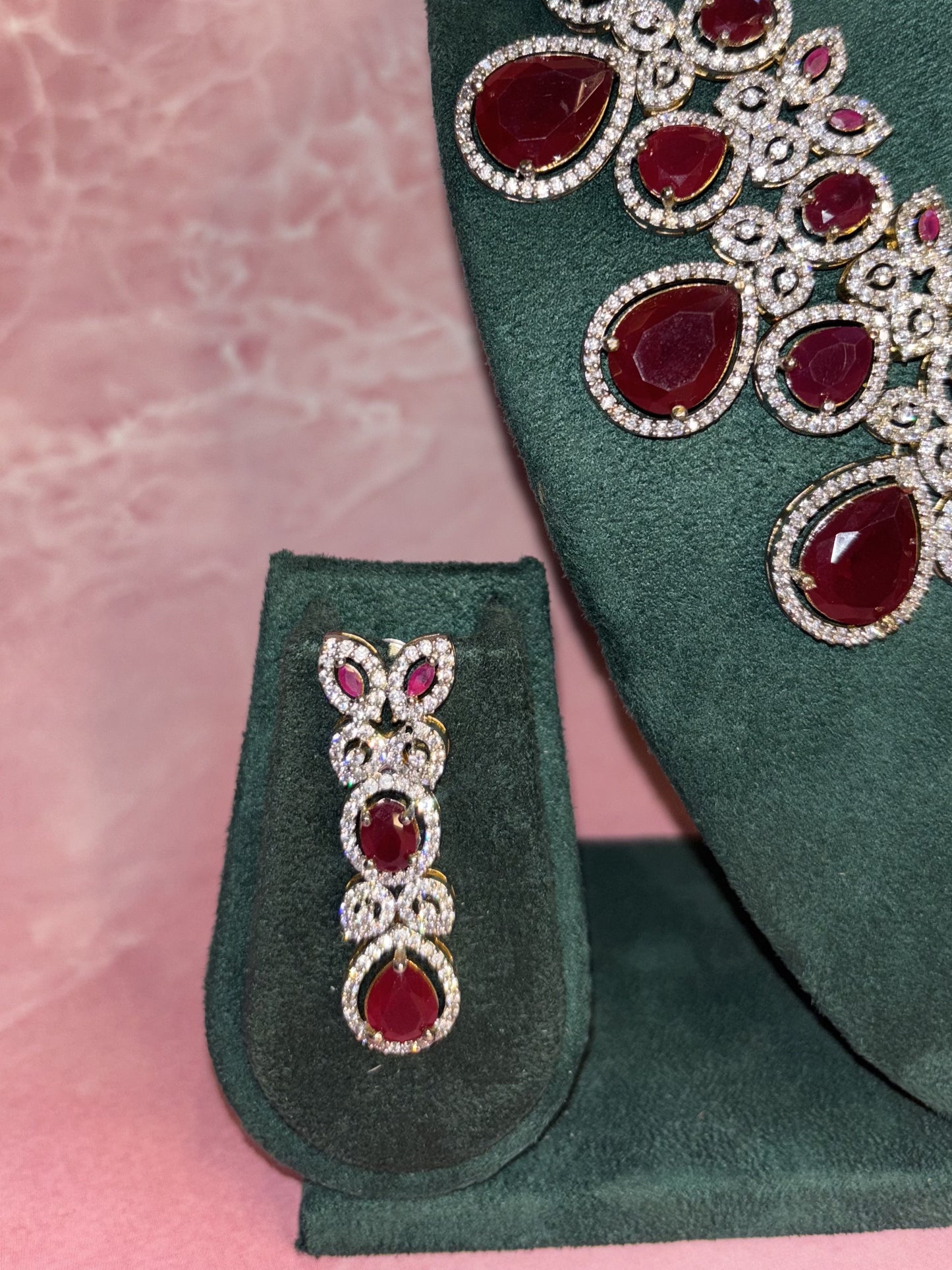 Crimson Cascade – Ruby Teardrop Bridal Necklace Set