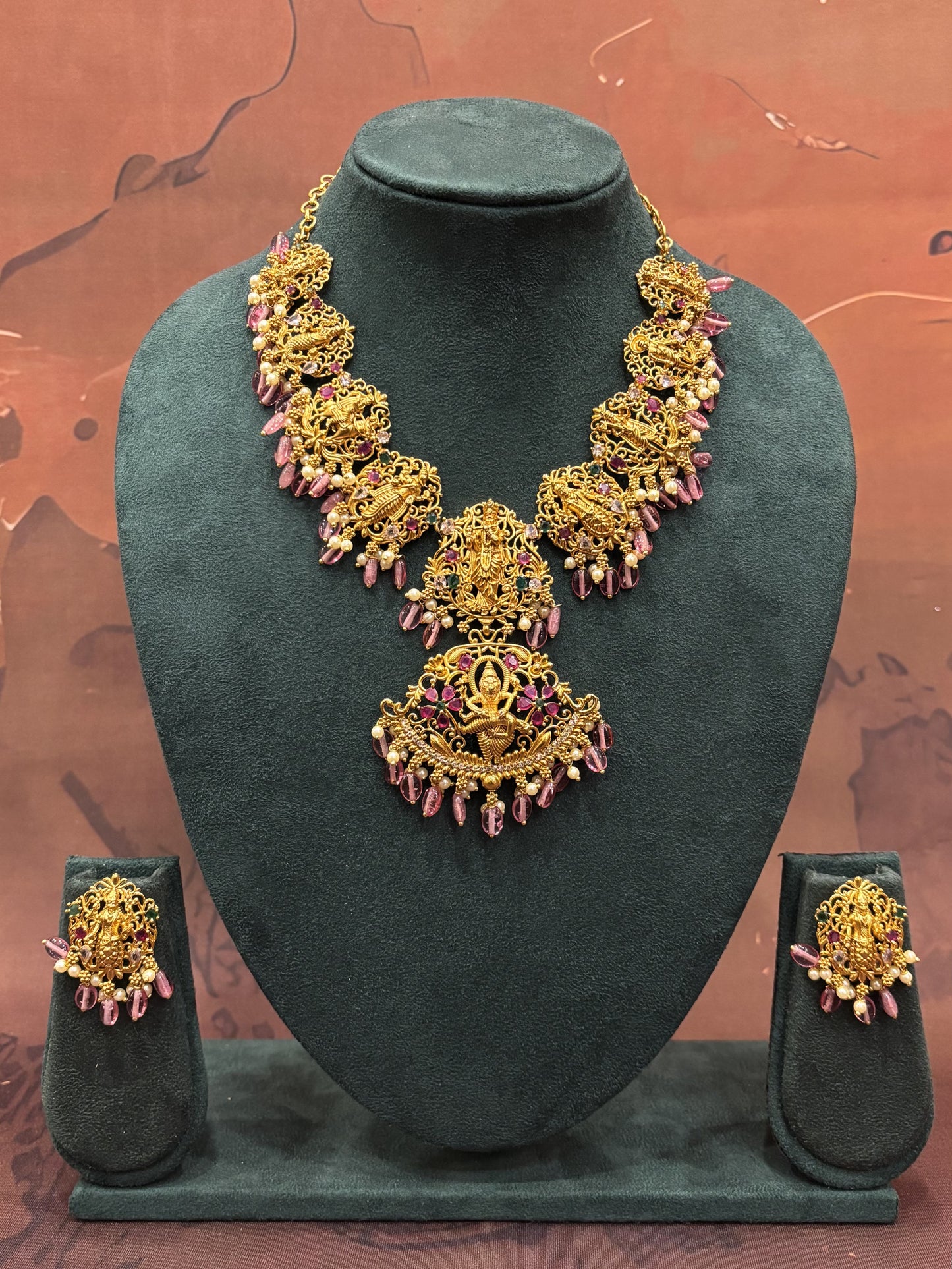 Goddess Lakshmi Antique Gold Necklace with Pink Drops