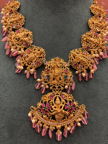 Goddess Lakshmi Antique Gold Necklace with Pink Drops