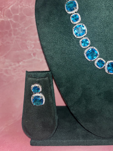 Ocean Blue Cushion-Cut Necklace Set with Earrings