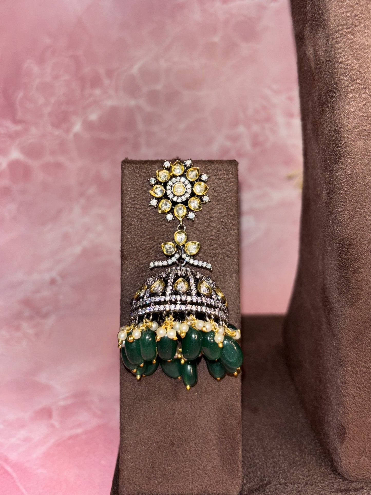 Emerald Drape – Kundan Green Beads Necklace Set with Chandbalis