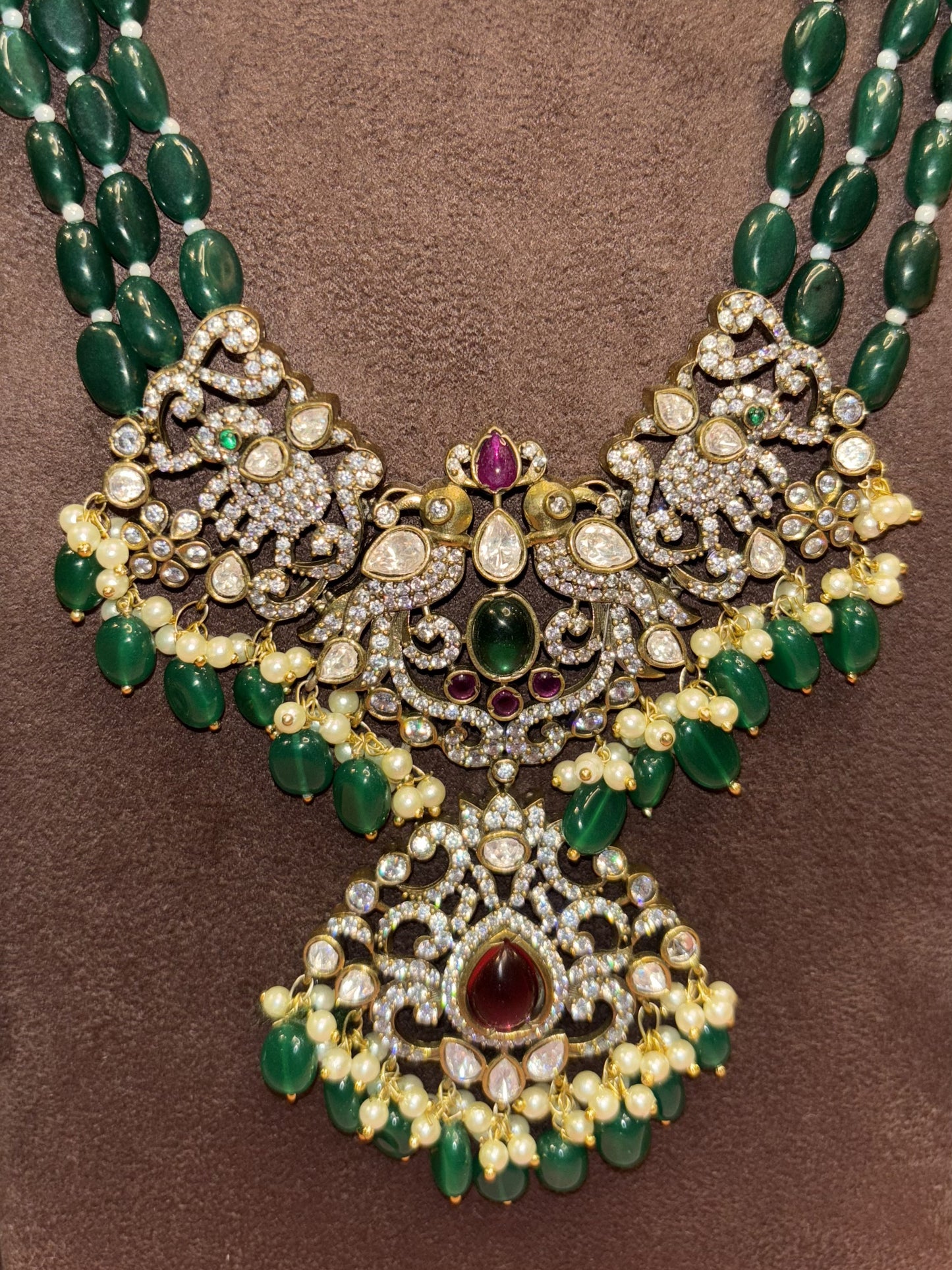 Emerald Drape – Kundan Green Beads Necklace Set with Chandbalis