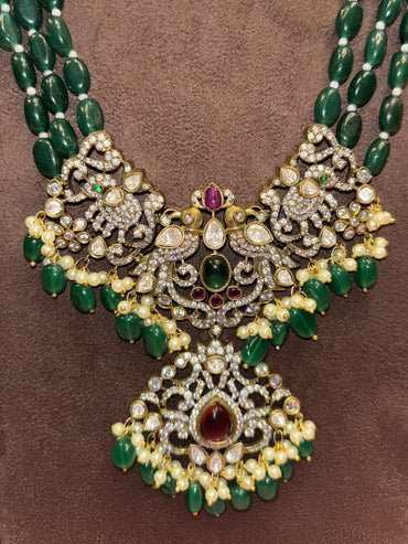 Emerald Drape – Kundan Green Beads Necklace Set with Chandbalis