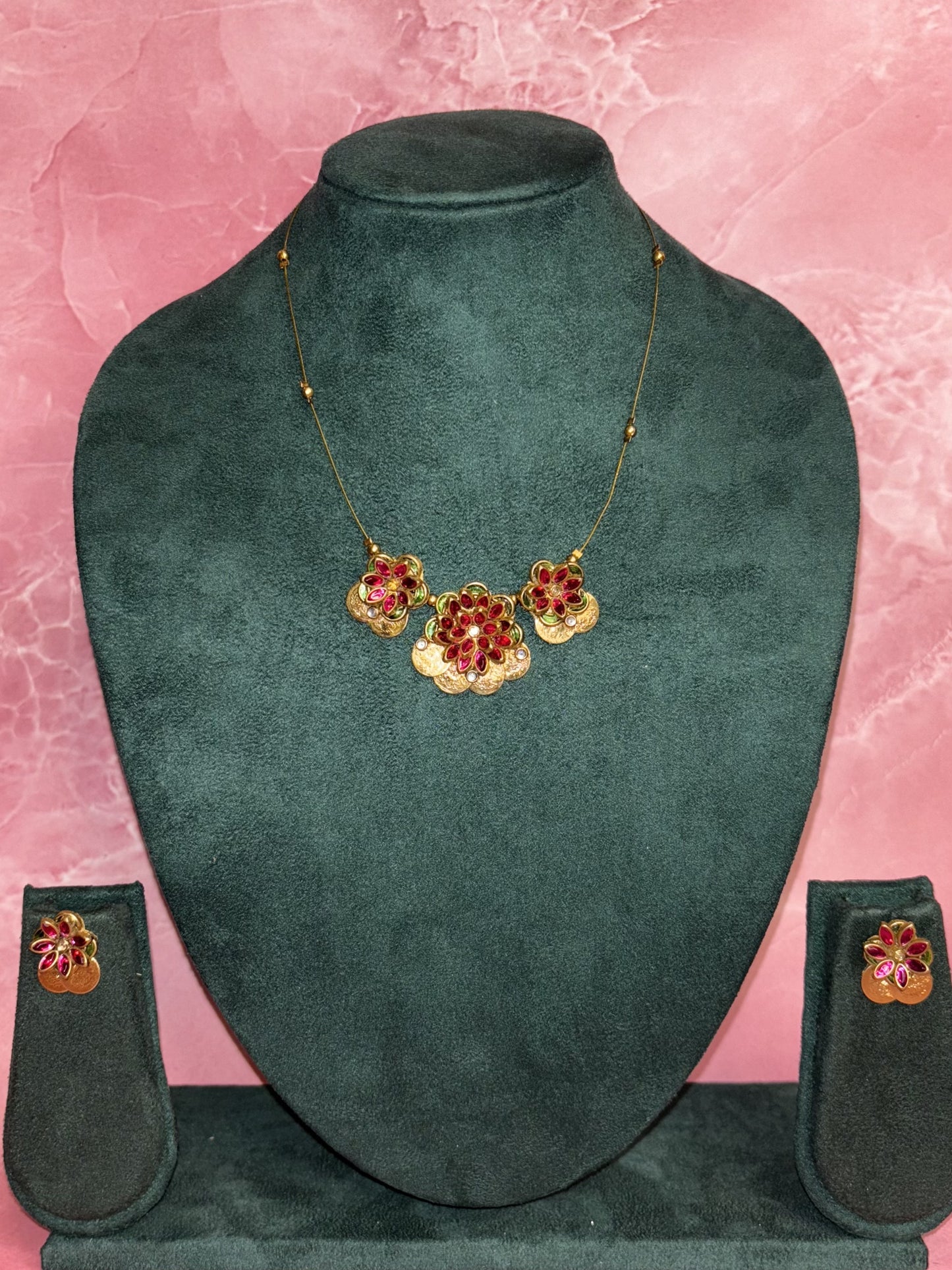 Blossom Dusk – Ruby Floral Minimal Necklace Set