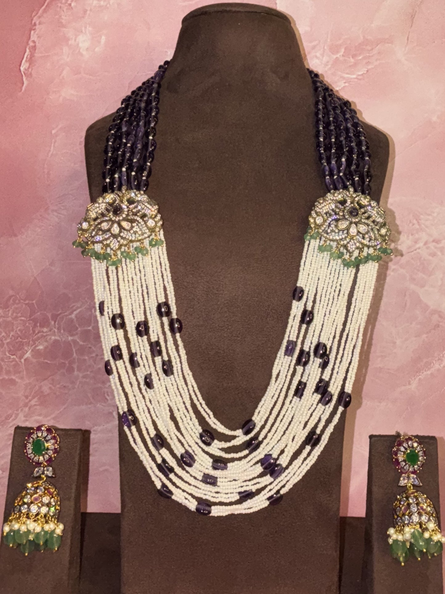 Royal Cascade – Layered Pearl & Amethyst Long Necklace Set