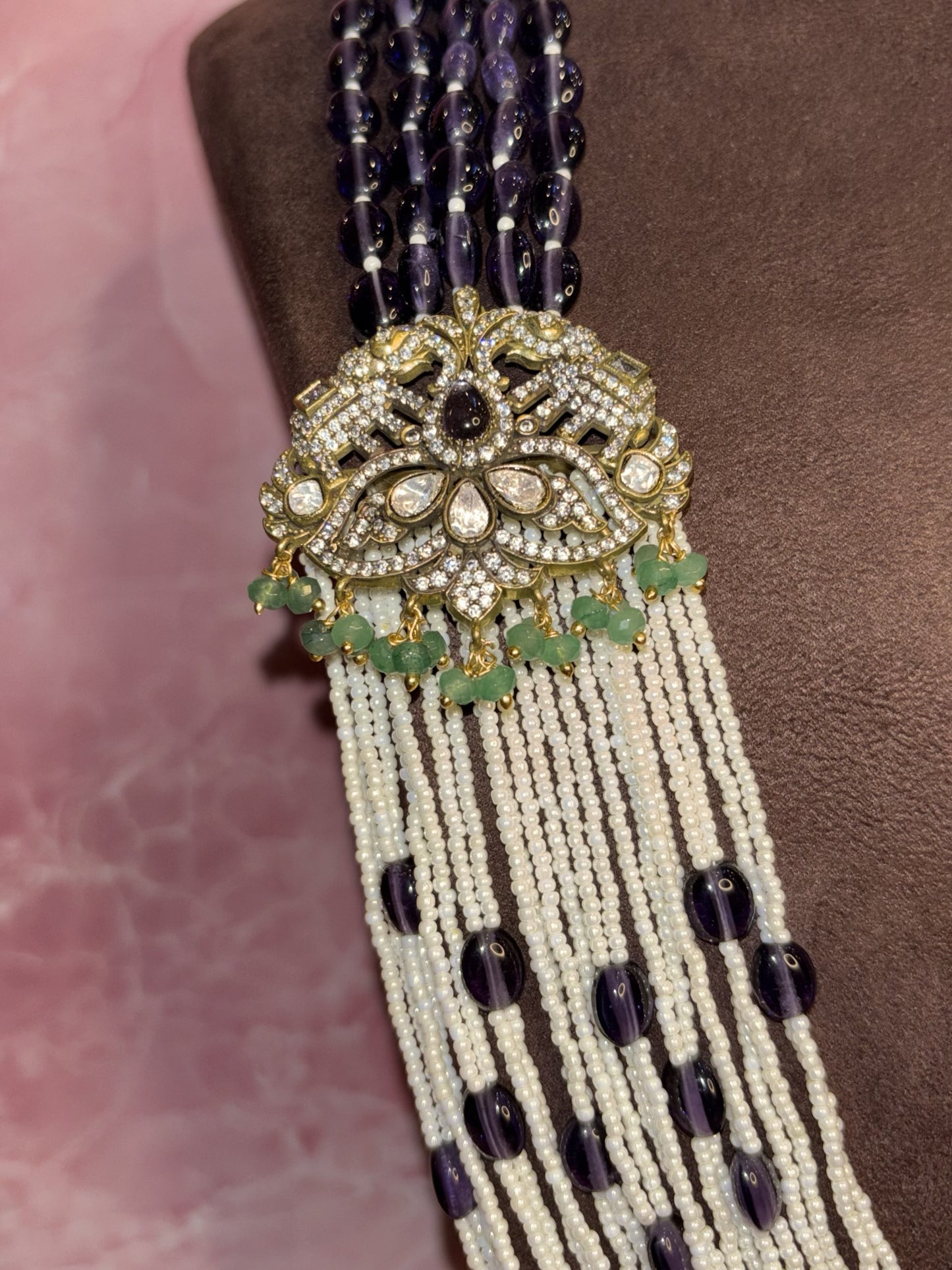 Royal Cascade – Layered Pearl & Amethyst Long Necklace Set