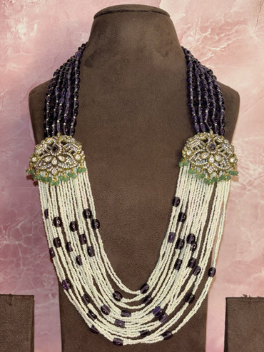 Royal Cascade – Layered Pearl & Amethyst Long Necklace Set