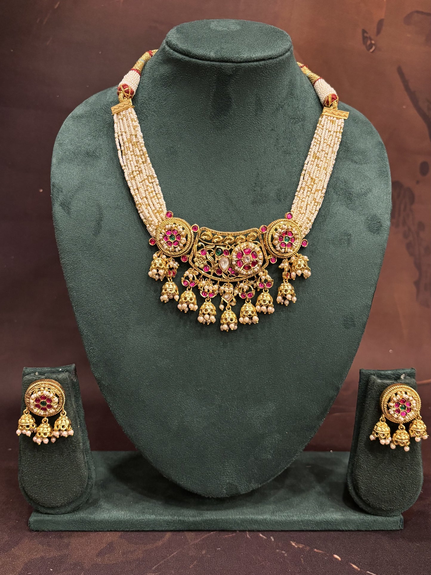 Antique Ruby Temple Necklace with Pearl Strings