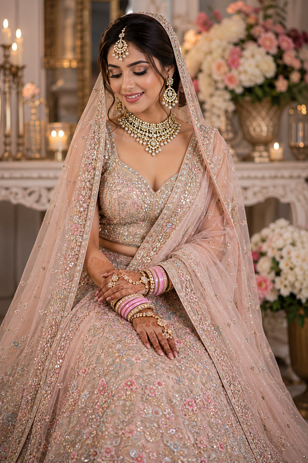 Modern Indian bride wearing a pastel bridal lehenga with kundan jewellery and elegant dupatta draping