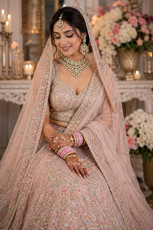 Modern Indian bride wearing a pastel bridal lehenga with kundan jewellery and elegant dupatta draping