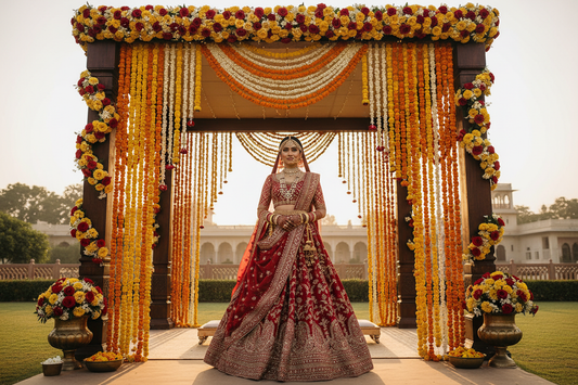  Indian bride in a red embroidered lehenga at a grand floral mandap — celebrity bridal style inspiration by FZO
