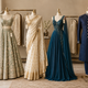 Indian wedding outfits available for rental, including a pastel lehenga, ivory saree, teal gown and navy sherwani