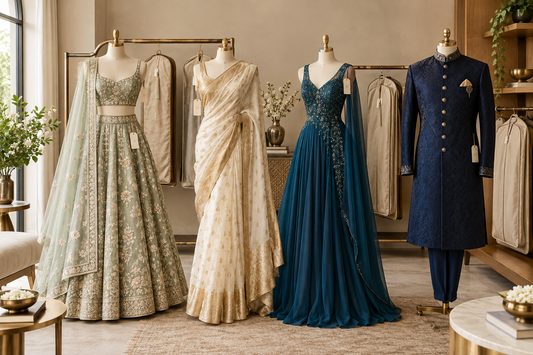 Indian wedding outfits available for rental, including a pastel lehenga, ivory saree, teal gown and navy sherwani