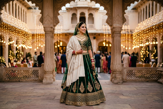 Bride in an emerald green velvet lehenga with a cream shawl at a winter wedding venue decorated with string lights